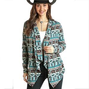 Women Rock & Roll Blue Aztec Cardigan Jacket L Southwest Rodeo Cowboy Country